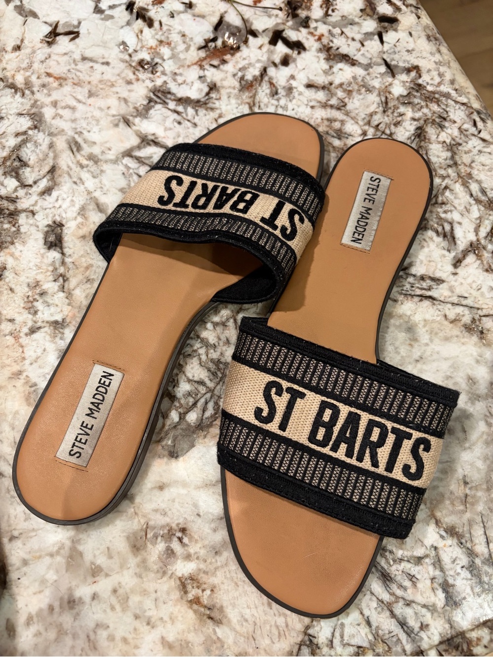 Steve Madden Black & Tan ST Barts Slide Sandals